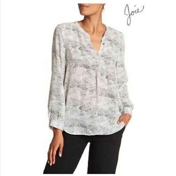Joie Peterson B White & Black Spotted Silk Split Neck Long Sleeve Blouse S - Picture 1 of 5
